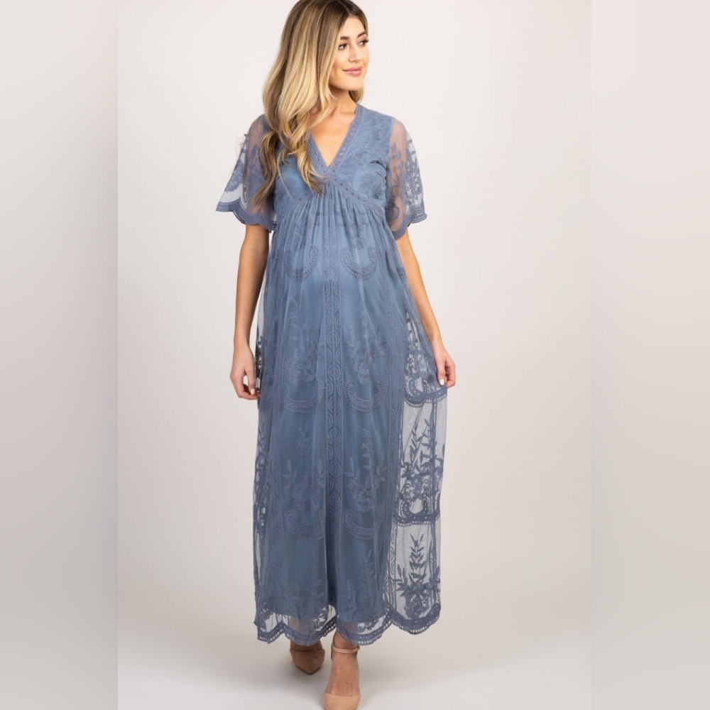 PinkBlush Blue Lace Mesh Overlay Maternity Maxi Dress